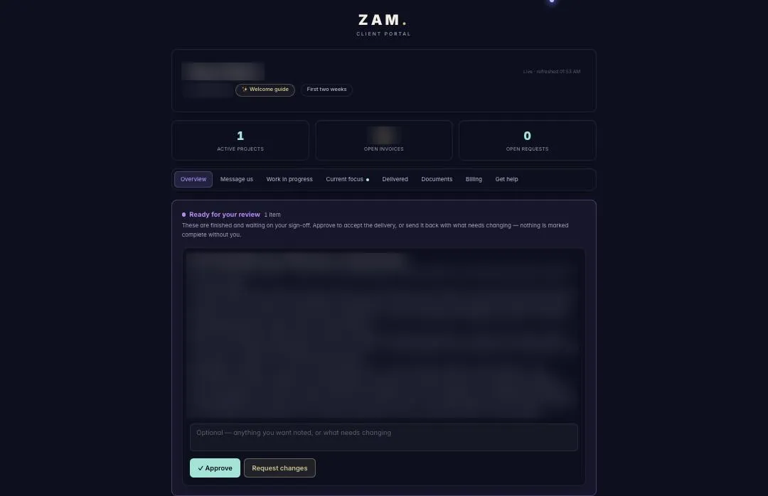 Client portal overview showing active projects, open invoices and delivered work waiting for the client to approve or request changes
