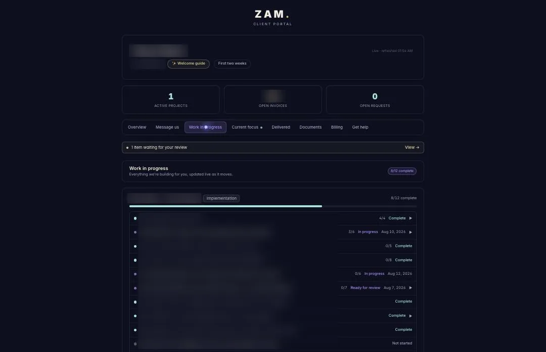 Client portal work-in-progress view with a live task list, status and due dates